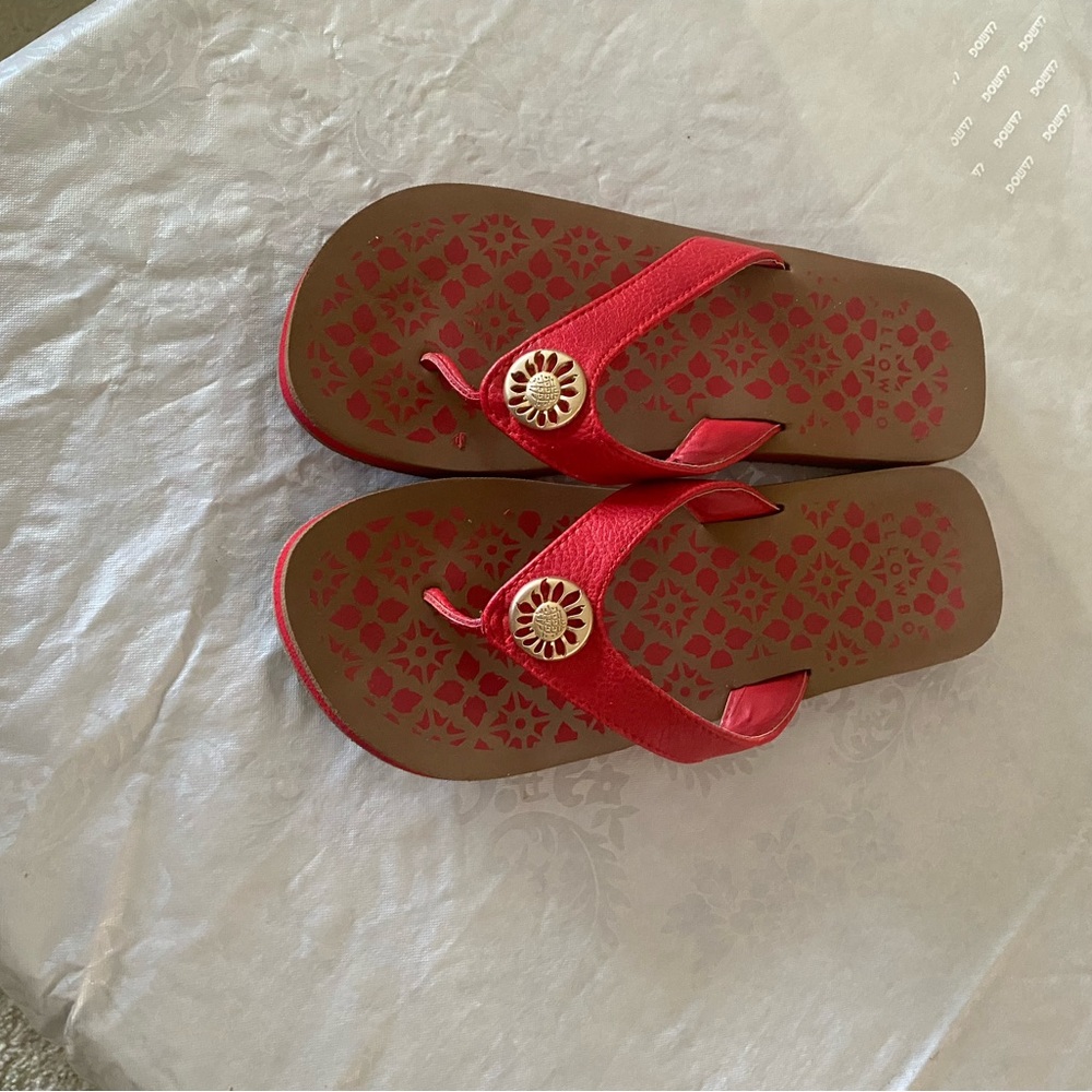 Red Yellowbox sandals sz 9with gold toned charm.  VGUC.